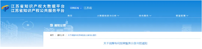 江蘇省關(guān)于調(diào)整專(zhuān)利預(yù)審服務(wù)分類(lèi)號(hào)的通知